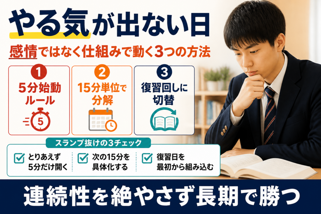 受験生が「やる気が出ない日」に試したい3つの仕組み：5分始動・タスク細分化・復習回しでスランプを抜ける